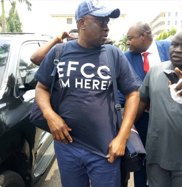 OMG! Former Governor of Ekiti State, Ayo FAYOSE Rocks ‘EFCC I’M HERE!’ Shirt to EFCC’s Office