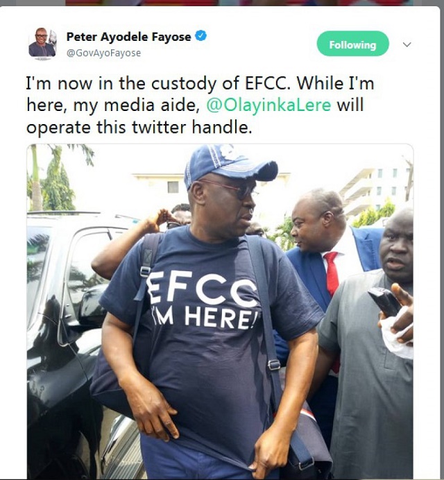 OMG! Former Governor of Ekiti State, Ayo FAYOSE Rocks ‘EFCC I’M HERE!’ Shirt to EFCC’s Office