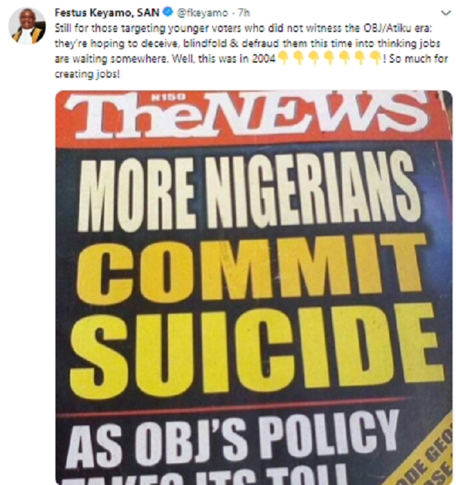 Keyamo Pulls Out 2004 Old News Magazine Which Says Many Nigerians Committed Suicide during Obasanjo/Atiku Administration