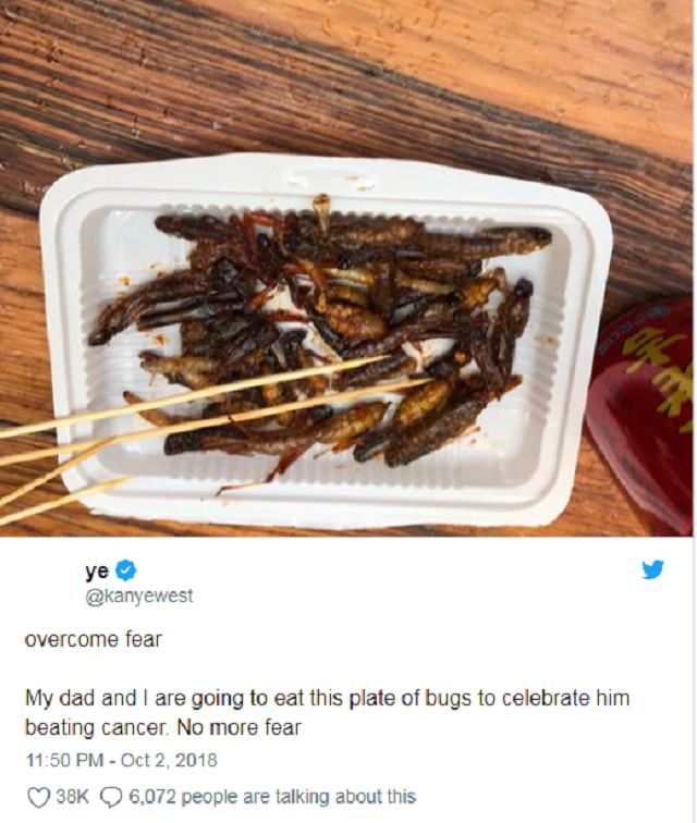 American rapper, Kanye West Celebrates Father’s Victory over Cancer by Eating Bugs