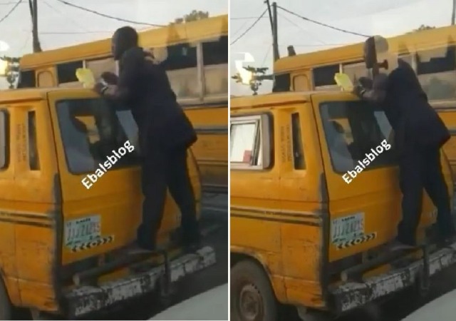 #OnlyInLagos: Man spotted Eating Breakfast on the Back Of a Moving Bus [Photos]