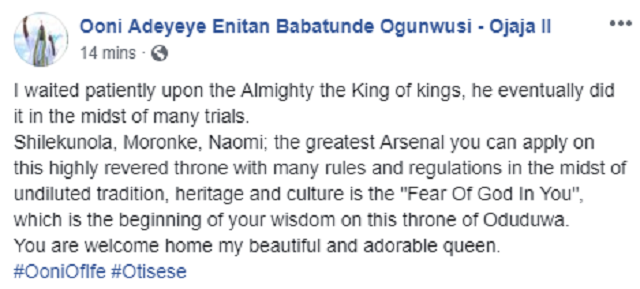 Proud Husband, OONI OF IFE, OBA ADEYEYE OGUNWUSI Shows Off His New BRIDE [Photos]