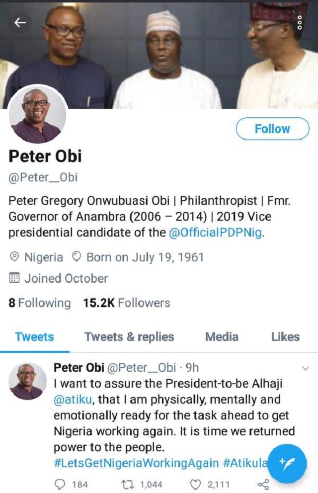 PDP vice Presidential Nominee Peter Obi Is Not on Twitter