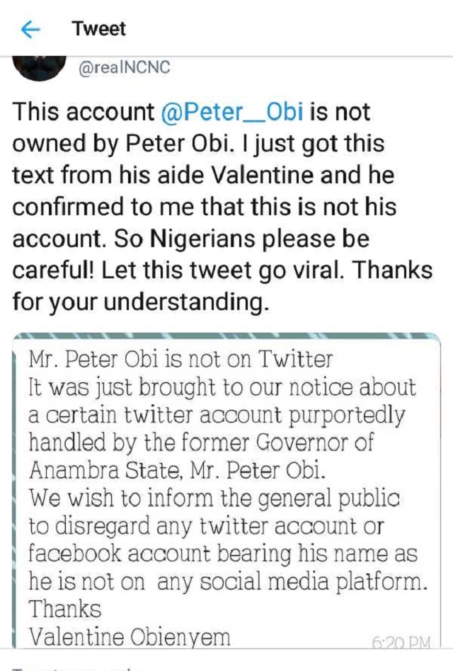 PDP vice Presidential Nominee Peter Obi Is Not on Twitter
