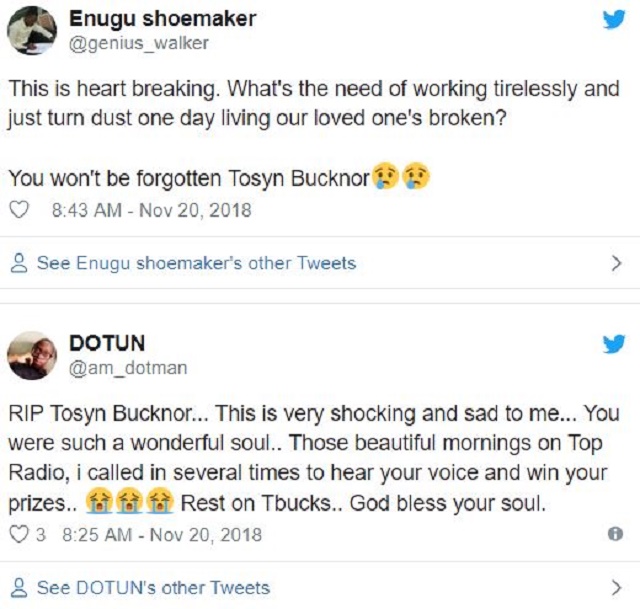 How Nigerians Reacted To the Death Of Popular OAP, Tosyn Bucknor, Who Was Found Dead Inside Her Home