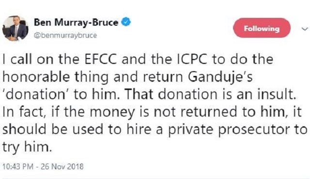 Angry Sen. Ben Bruce, Calls on the EFCC and ICPC to Return Ganduje’s Insulting ‘Donation’ 