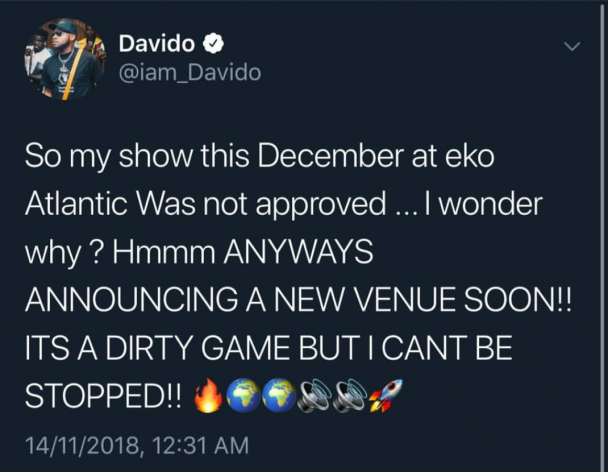 Angry Davido Points Accusing Fingers on APC, Reveals Why His Eko Atlantic Concert Was Not Approved