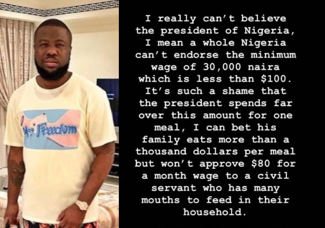 Buhari spends $1000/meal, but finds it hard to approve N30K minimum wage – Hushpuppi