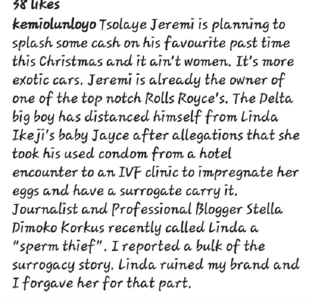 Kemi Olunloyo Reveals How Linda Ikeji Stole Sholaye Jeremi Sperm after S.E.X in A Hotel