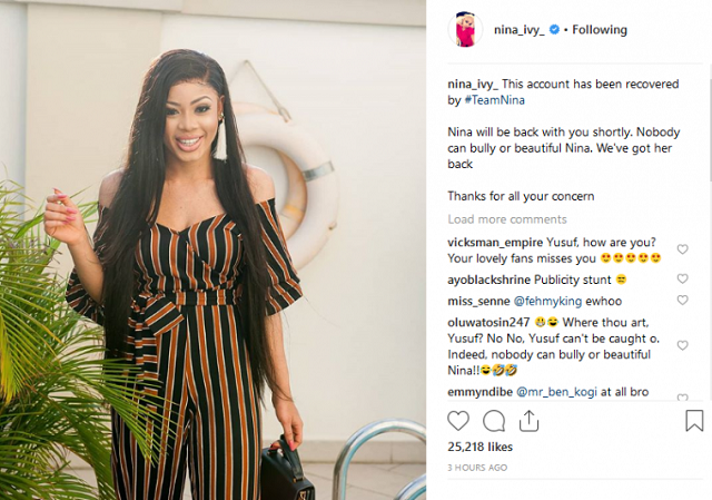 Reality TV Star, Nina, Recovers Her Instagram Account 2 Days after Being Hacked