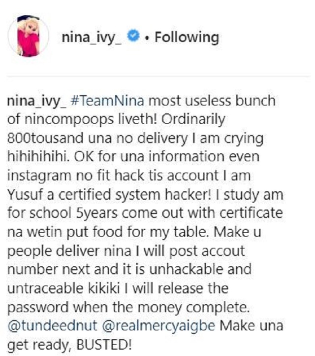 Nina's Instagram page compromised as Hackers release her 'private chats' with Alex and Bobrisky [screen shot]