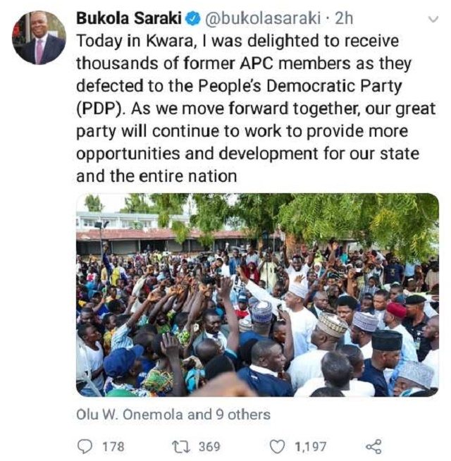 Photos of Senate President Saraki As He Welcomes Thousands of APC Members into PDP