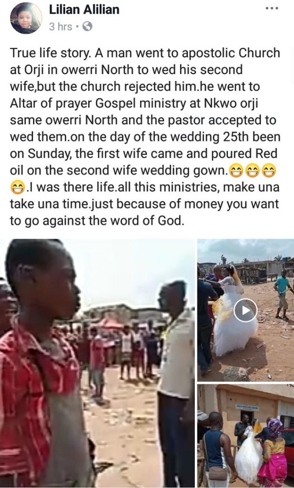 Jealous First Wife Storms Wedding Venue and Pours Red Oil On Her Husband's New Bride's Wedding Gown [Photos]