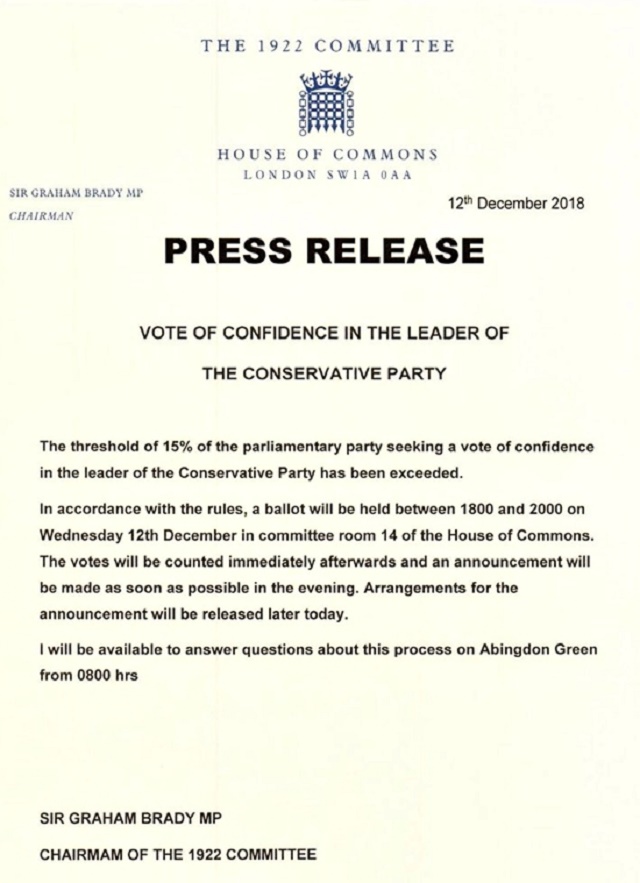 BREAKING News: UK Prime Minister, THERESA MAY Faces Vote Of No Confidence