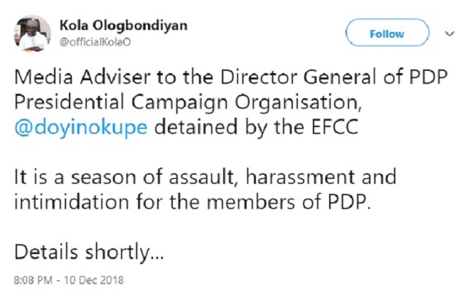 Former Senior Adviser to the Immediate Past President of Nigeria, Doyin Okupe Detained by EFCC