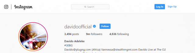 Nigerian Singer, Davido Hits 9 Million Followers on Instagram