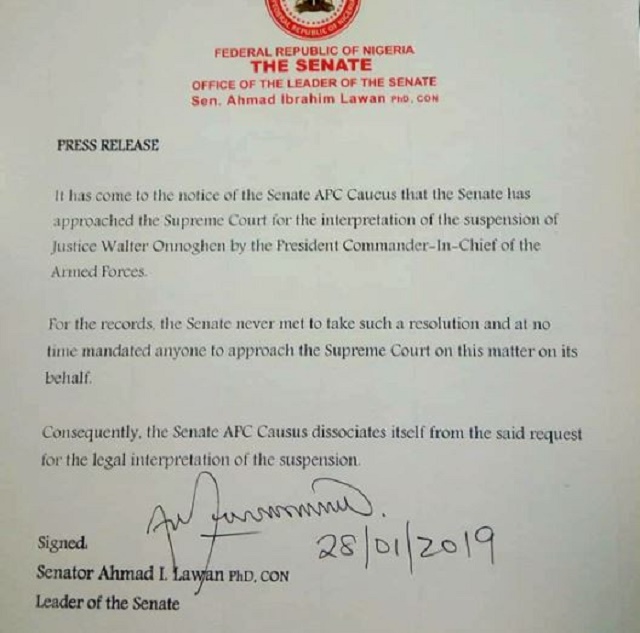 Onnoghen's Suspension: APC Senators Distance Themselves From The Suit Filed By Senate At The Supreme Court