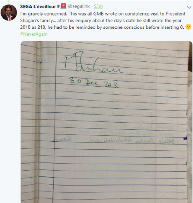 According to activist/leader of the SARS reform campaign, Segalinks, this was all President Buhari allegedly wrote in ex-president Shehu Shagari's condolence register when he paid a visit to the family on Sunday December 30th 2018.