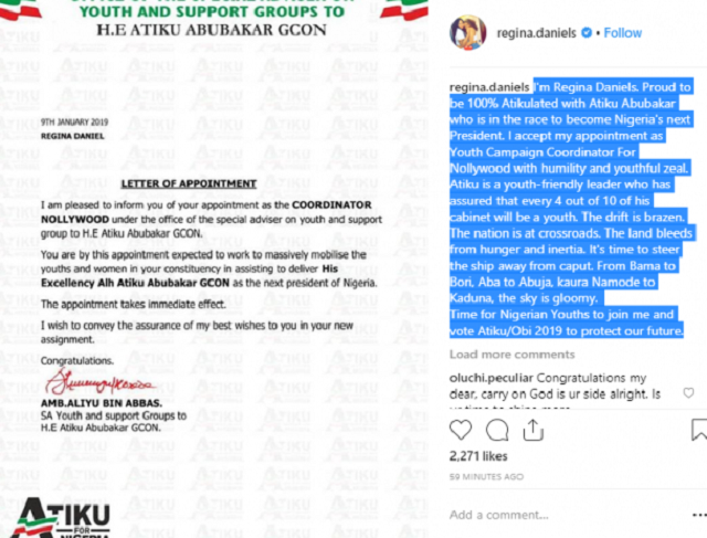 Regina Daniels Sheds Buhari as She’s Appointed Youth Campaign Coordinator for Atiku