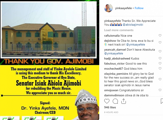 Yinka Ayefele Thanks Governor Ajimobi for Rebuilding His Music House in Less than a Year