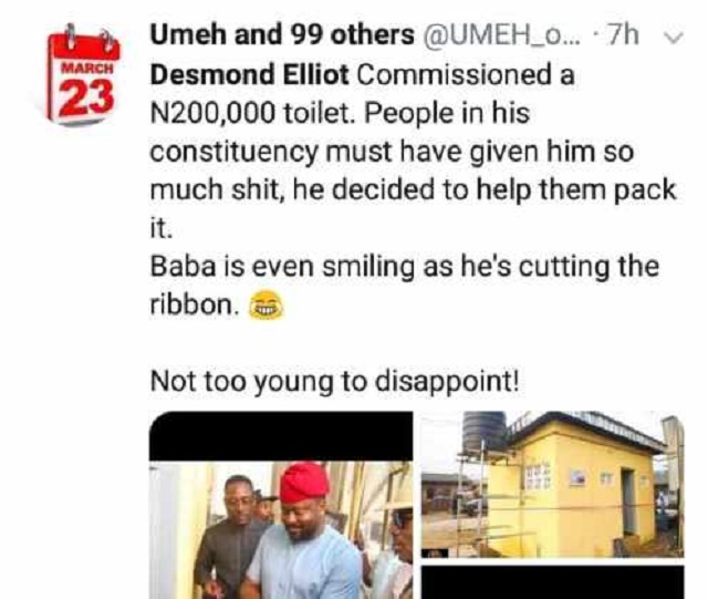 Nigerians Trolls Desmond Elliot Online For Commissioning a Public Toilet [Photos]