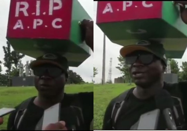 Man Who Trekked To Celebrate Buhari's Election Victory in 2015, Treks To Abuja with APC Casket [Photos]