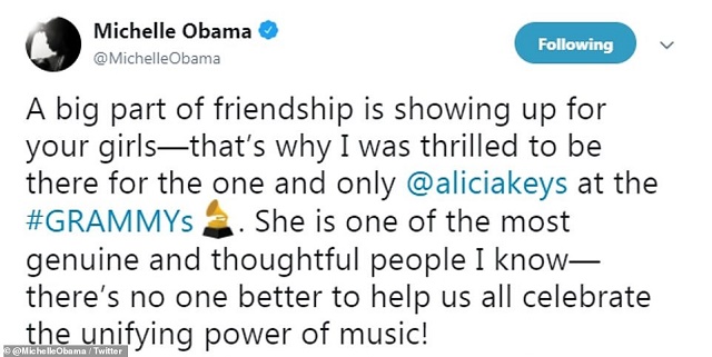 Photos Of Michelle Obama As She Makes A Surprise Appearance At The Grammys, Joining Alicia Keys, Jennifer Lopez, Jada Pinkett, And Lady Gaga On Stage
