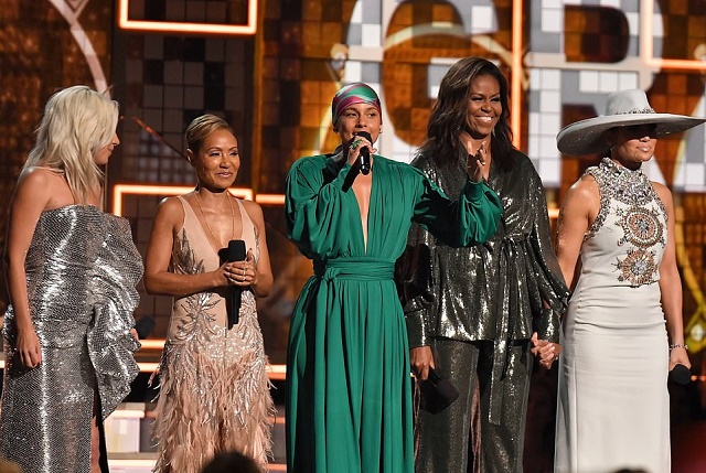 Photos Of Michelle Obama As She Makes A Surprise Appearance At The Grammys, Joining Alicia Keys, Jennifer Lopez, Jada Pinkett, And Lady Gaga On Stage