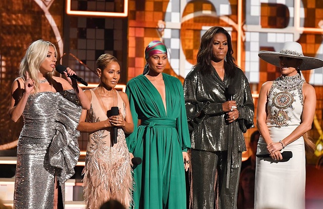 Photos Of Michelle Obama As She Makes A Surprise Appearance At The Grammys, Joining Alicia Keys, Jennifer Lopez, Jada Pinkett, And Lady Gaga On Stage