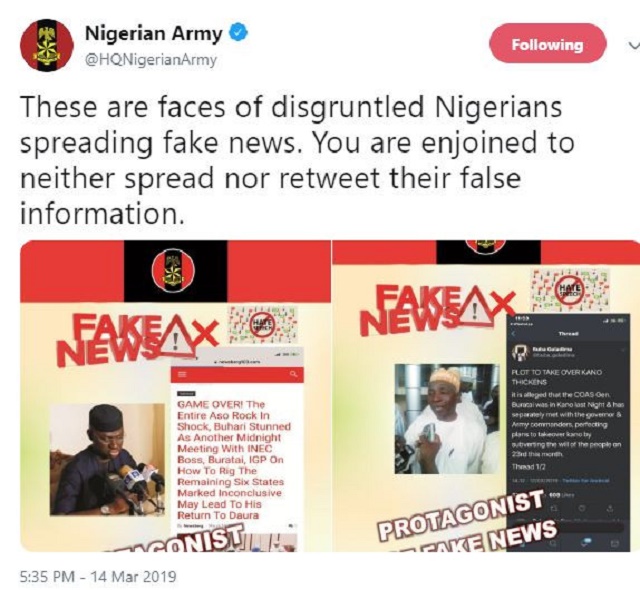 Nigerians Army Goes Into Politics, Shares Photos of Politicians Spreading Fake News