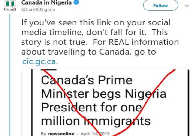 FAKE! ‘We Didn’t Beg Buhari for One Million Immigrants’ – Canadian Embassy Tells Nigerians