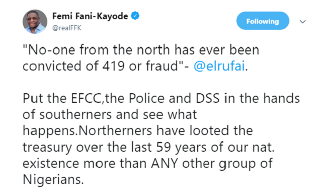 “Northerners have looted Nigeria's treasury more than any other Nigerians” - FFK replies El-Rufai's Yahoo Yahoo comment