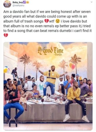 Angry Fan Criticizes Davido’s New Album, Calls It Trash 