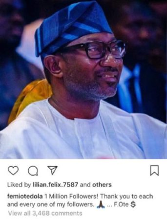 Billionaire Business Mogul, Femi Otedola Celebrates A Million Followers on Instagram  