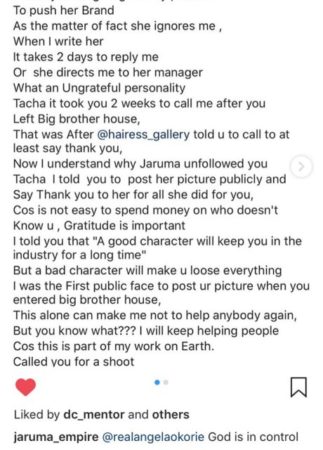 Jaruma Reacts After Angela Okorie Called Tacha Out For Being An Ingrate