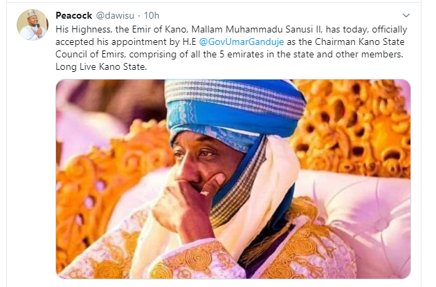 Sanusi Vs Ganduje: Emir Sanusi Accepts His Appointment as Kano Head Of Council Of Chiefs