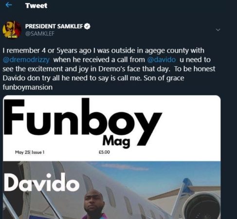 Samklef Pens Kind Words To Davido