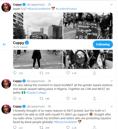 Dj Cuppy Joins The Protest Against Racism (Photo)