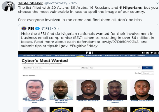 Nigerians Slams FBI As They Focused More On Only 6 Nigerians On The Wanted List