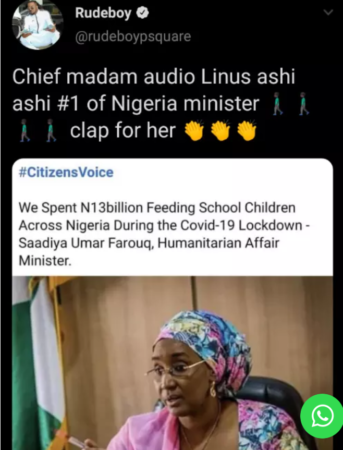 Rudeboy Reacts As Saadiya Umar Explains How They Spent 13billion Feeding School Children Amid Lockdown