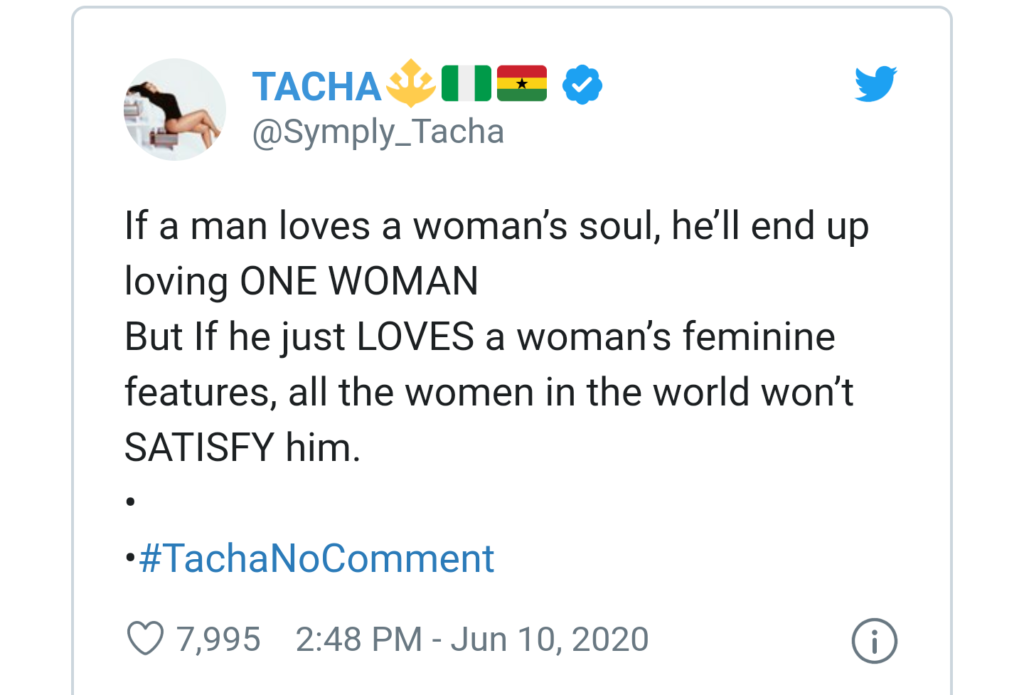 See why men can’t love one woman - Tacha reveals