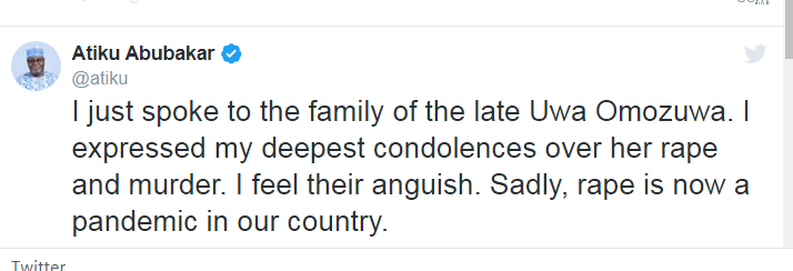 Atiku Expresses His Deepest Condolences To Late Uwa's Family, See Details