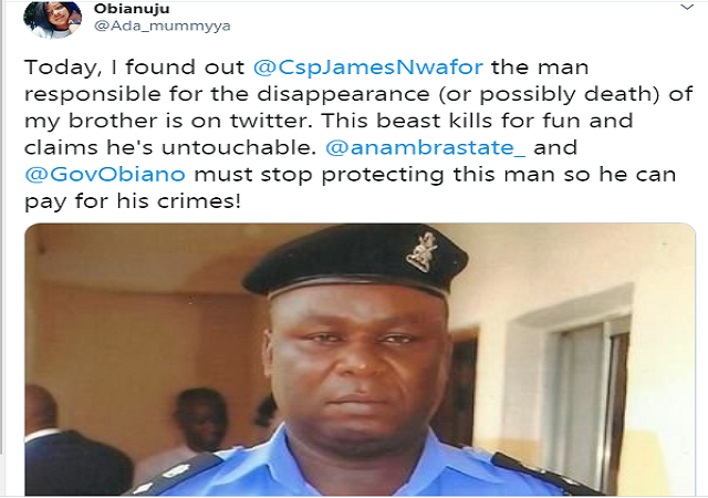 This Anambra Policeman Responsible For My Brother's Disappearance' - Lady Claims