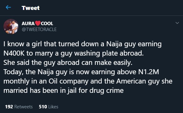 Why Lady Dumps Her Boyfriend Who Earns N400k To Marry A Man Who Washes Dishes Abroad