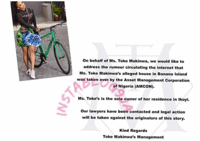 Toke Makinwa's Manager Clears The Air Concerning The Rumors Of Her House Being Taken From Her