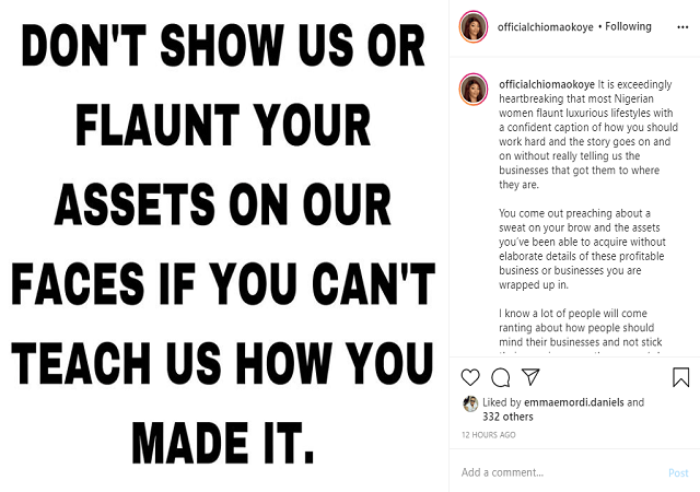 Dont Flaunt Ur Assets On Our Faces If U Can't Teach Us How U Made It - Actress Chioma Okoye Slams Nigerian Women