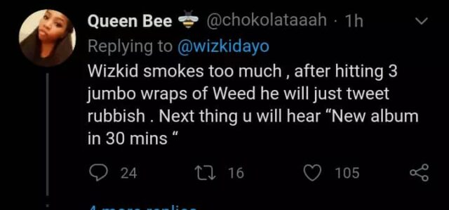 "Wizkid Smokes Too Much"- Fan Reacts To Wizkid's Post