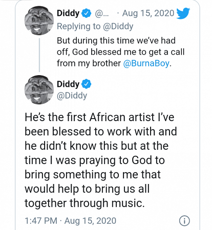 Working With Burna Boy Is An Answer To My Prayers - American Rapper, Diddy