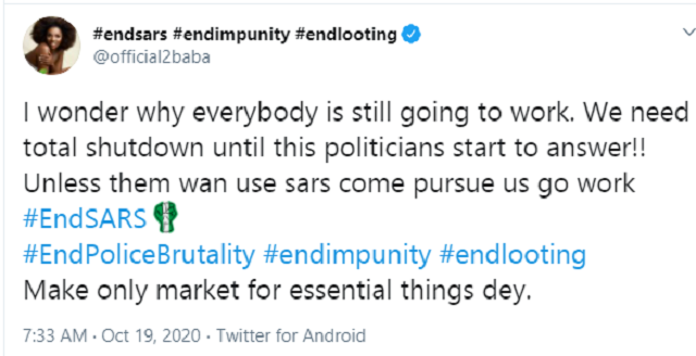 We Need A Total Shutdown Until Government Start To Answer - 2Face on #EndSARS protest