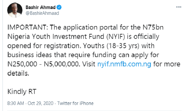 Nigeria Youth Investment Fund [NYIF]: Application Portal Officially Opened For Registration